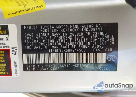 2011 Toyota Camry Xle from USA, damaged, VIN 4T4BF3EK5BR214563